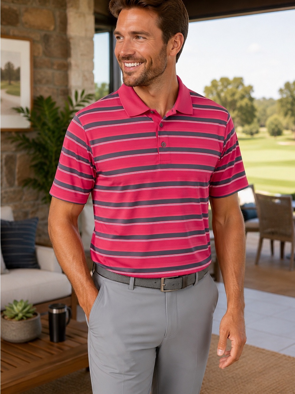 Adidas‎ Climalite Golf Polo Shirt Mens M Striped Performance Wear Stretch Casual